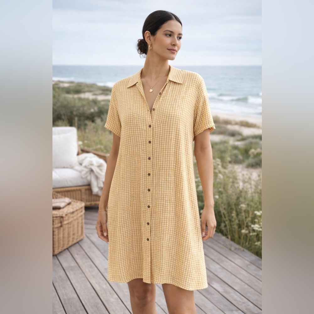 Button-Front Short Sleeve Midi Dress in Light Yellow